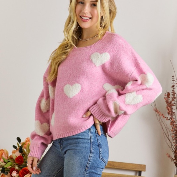 SOLD OUT Candy Pink Heart Valentines Day Crew Neck Pullover Relaxed Fit Knit - Picture 3 of 5